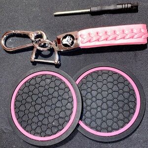 PINK Leather Keychain w/ Ring-holder, Screwdriver. 2 Black & Pink Cup Holders
